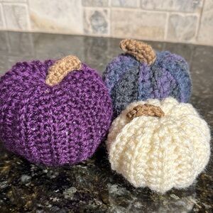 Handcrafted Purple, Cream, and Gray Knit Pumpkins